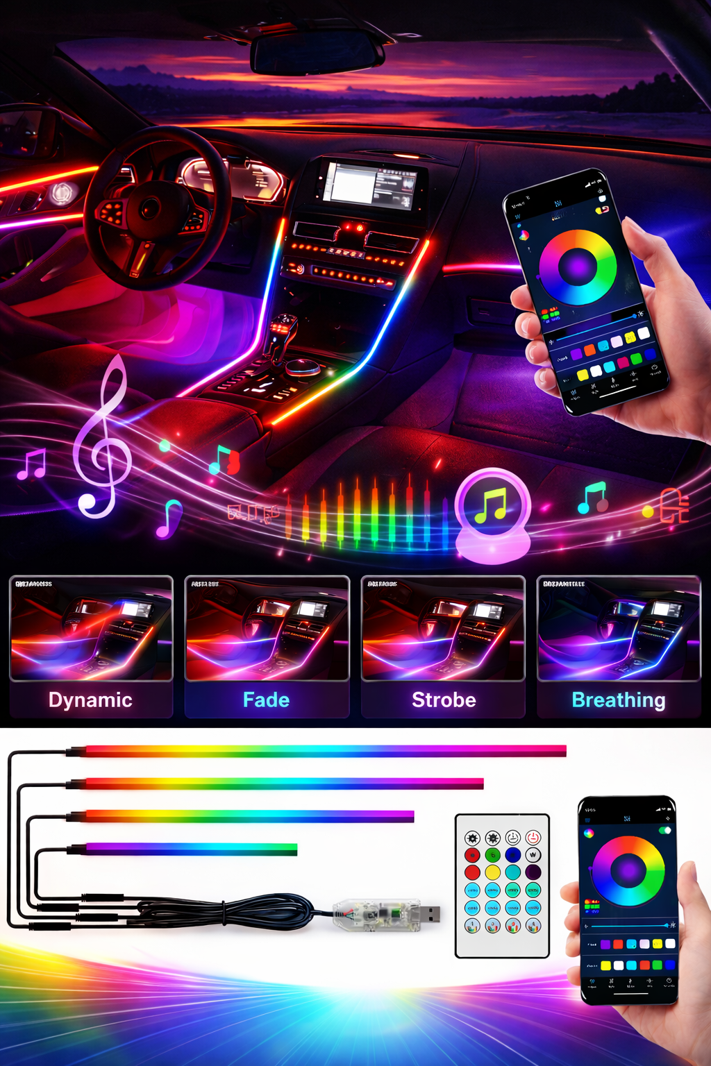 RGB Dreamcolor LED Car Interior Strip Light – 612 LEDs | APP, RF Remote and USB Control