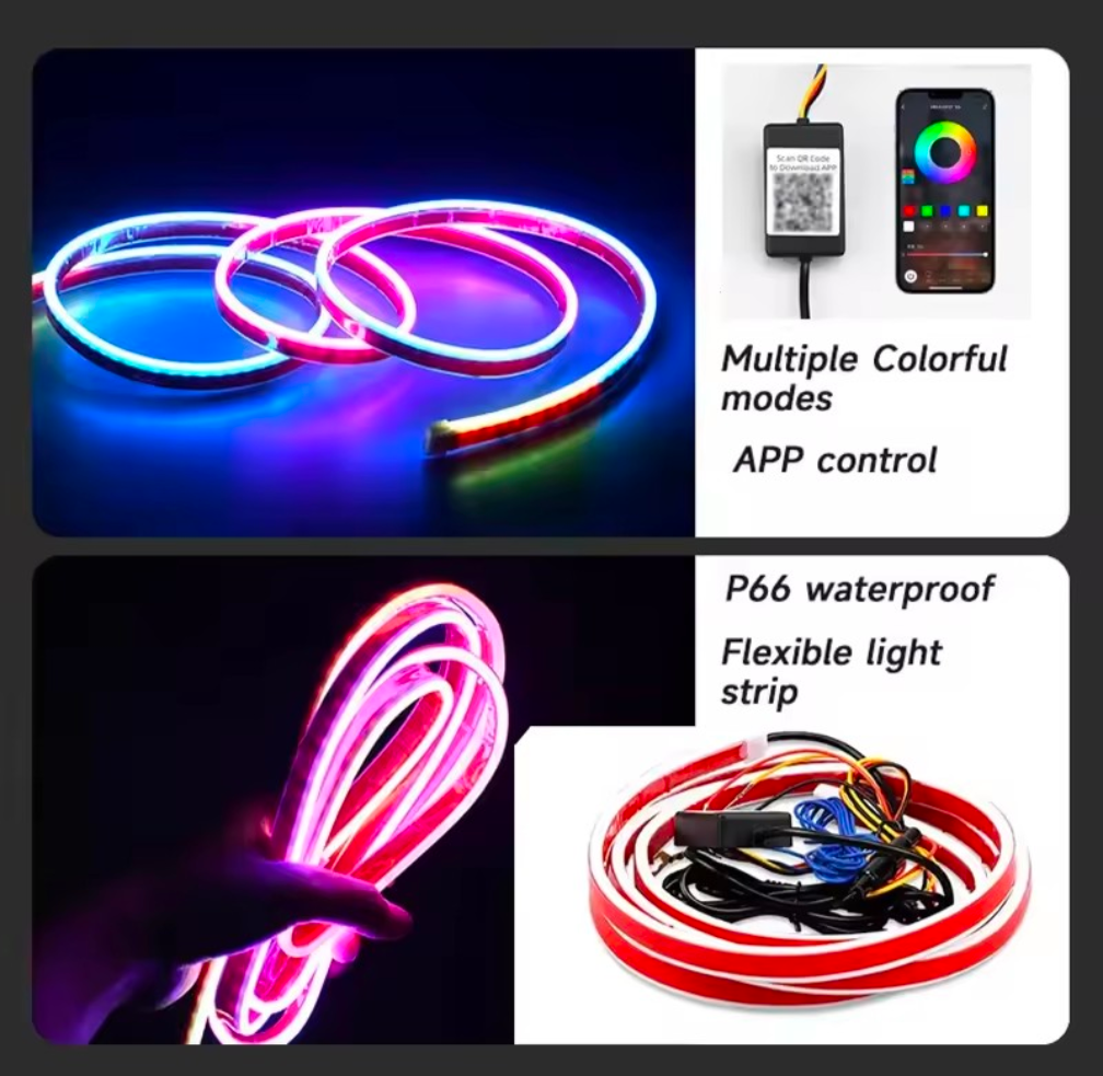 12V RGB LED Car Hood Light Strip – Ultra-Thin DRL with APP Control and Turn Signal