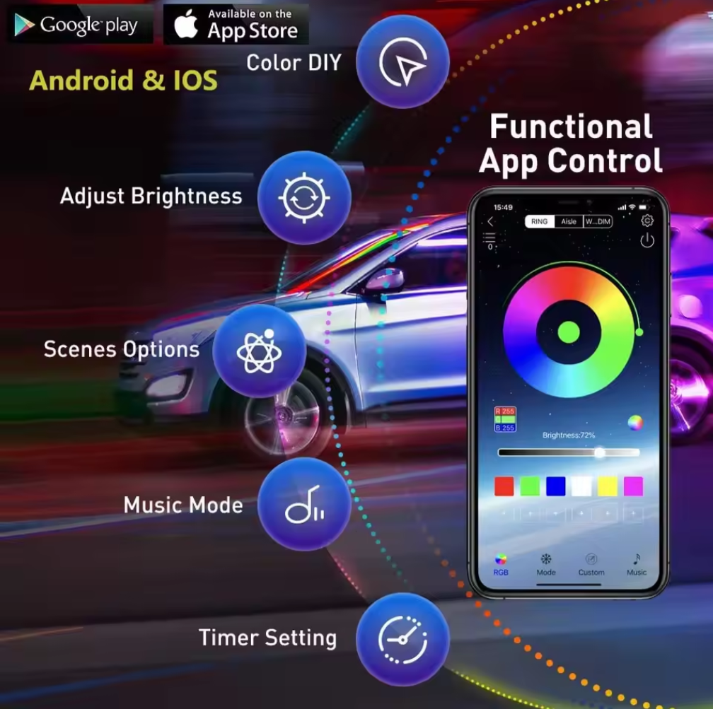 2PCS Symphony DRL RGB LED Daytime Running Light Strip – APP Control Flowing Turn Signal