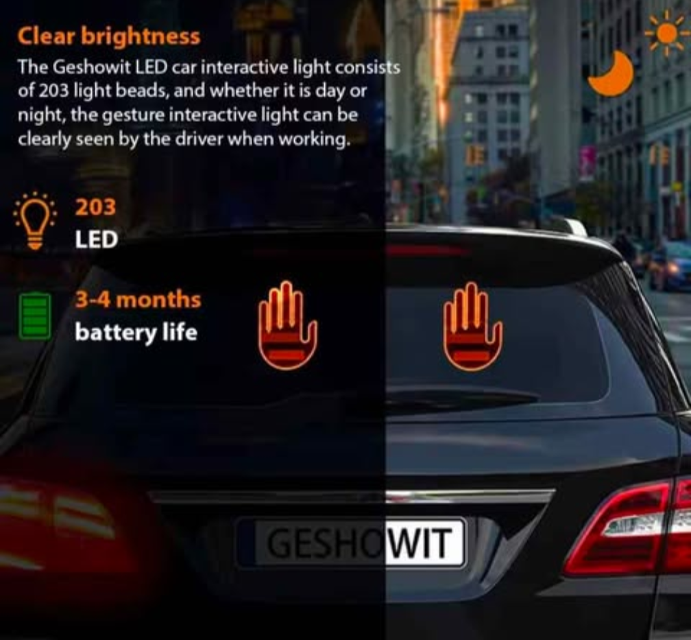 Funny Car Finger Gesture LED Light – Interactive Anti-Tailgating Warning Accessory